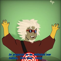 Size: 1080x1080 | Tagged: safe, artist:anha_draw, discord, human, g4, the return of harmony, green background, humanized, male, quote, scene interpretation, signature, simple background, solo, sunglasses, target, white hair