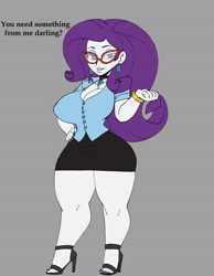 Size: 2800x3600 | Tagged: source needed, safe, alternate version, artist:darkeros13, rarity, equestria girls, g4, bedroom eyes, bracelet, breasts, busty rarity, choker, cleavage, clothes, ear piercing, earring, feet, female, glasses, gray background, hand on hip, high heels, high res, jewelry, makeup, meganekko, nail polish, piercing, shirt, shoes, simple background, skirt, solo, talking