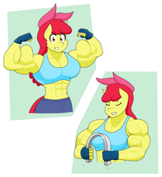 Size: 1640x1802 | Tagged: safe, artist:matchstickman, apple bloom, earth pony, anthro, matchstickman's apple brawn series, g4, abs, apple bloom's bow, apple brawn, art trade, bending, biceps, bow, breasts, busty apple bloom, clothes, deltoids, eyes closed, female, fingerless gloves, flexing, gloves, gritted teeth, hair bow, jeans, looking at you, mare, muscles, muscular female, older, older apple bloom, pants, pecs, solo, sports bra, vein, vein bulge