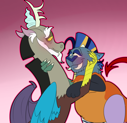 Size: 2628x2559 | Tagged: safe, discord, oc, oc:wulfy, draconequus, g4, canon x oc, couple, discowulf, draconequus oc, gay, high res, looking at each other, looking into each others eyes, male, shipping, smiling, smiling at each other