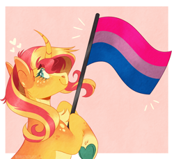 Size: 1448x1324 | Tagged: safe, artist:wanderingpegasus, sunset shimmer, pony, unicorn, g4, alternate hairstyle, bisexual pride flag, blaze (coat marking), blushing, chest fluff, coat markings, colored hooves, curved horn, cute, facial markings, female, freckles, heart, hoof heart, horn, looking back, mare, markings, pale belly, passepartout, peppered bacon, pride, pride flag, pride month, redesign, shimmerbetes, snip (coat marking), socks (coat markings), solo, sunset shimmer is bisexual, unshorn fetlocks
