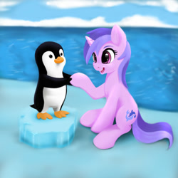 Size: 2000x2000 | Tagged: safe, artist:darksly, sea swirl, seafoam, bird, penguin, pony, g4, atg 2021, cute, handshake, high res, horn, ice, looking at each other, newbie artist training grounds, open mouth, seadorable, water