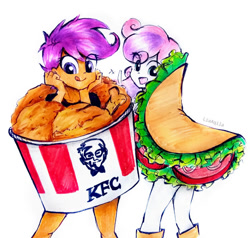 Size: 916x873 | Tagged: safe, artist:liaaqila, scootaloo, sweetie belle, human, equestria girls, g4, clothes, costume, cute, cutealoo, diasweetes, duo, food, food costume, kfc, licking, licking lips, pun, scootachicken, taco, taco belle, taco costume, tongue out, traditional art