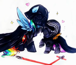 Size: 968x826 | Tagged: safe, artist:liaaqila, rainbow dash, scootaloo, pegasus, pony, g4, crossover, darth vader, kylo ren, lightsaber, scootalove, simple background, star wars, traditional art, weapon