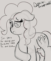 Size: 3000x3600 | Tagged: safe, artist:demitri, pinkie pie, earth pony, pony, g4, female, floppy ears, high res, looking away, mare, newbie artist training grounds, sketch, solo, speech, tail between legs, talking, text
