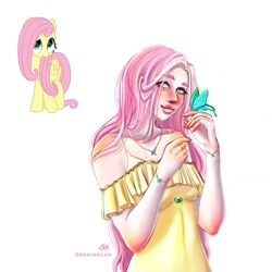 Size: 1080x1080 | Tagged: safe, artist:spaceelan, fluttershy, butterfly, human, pegasus, pony, g4, my little pony: the movie, blushing, clothes, cute, duo, female, humanized, jewelry, mare, necklace, shyabetes, signature, simple background, smiling, white background, wings