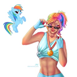 Size: 1080x1080 | Tagged: safe, artist:spaceelan, rainbow dash, human, pegasus, pony, g4, abs, belly button, clothes, duo, female, fingerless gloves, gloves, humanized, mare, medal, midriff, open mouth, rearing, signature, simple background, smiling, sunglasses, white background, wings