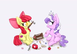 Size: 1550x1092 | Tagged: safe, artist:nedemai, apple bloom, diamond tiara, earth pony, pony, g4, apple, atg 2021, duo, first aid, first aid kit, food, hammer, hammer time, mouth hold, newbie artist training grounds, screwdriver, scuff mark, shrunken pupils, sitting, wrench