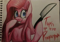 Size: 1280x900 | Tagged: safe, artist:marshaxmarshmallow, pinkie pie, earth pony, pony, fanfic:cupcakes, g4, colored, female, knife, looking at you, pinkamena diane pie, serial killer, smiling, smiling at you, text, traditional art, yandere, yandere pie