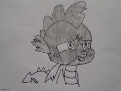 Size: 666x500 | Tagged: safe, alternate version, artist:spikeabuser, spike, dragon, g4, sweet and smoky, abuse, black and white, burned, drawing, go to sleep garble, grayscale, male, monochrome, op is a duck, op is on drugs, op is trying to start shit, op is trying to start shit so badly that it's kinda funny, scene interpretation, shitposting, solo
