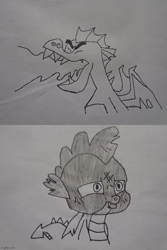 Size: 500x750 | Tagged: safe, alternate version, artist:spikeabuser, garble, spike, dragon, g4, sweet and smoky, abuse, black and white, burned, drawing, fire, go to sleep garble, grayscale, male, monochrome, op is a duck, op is on drugs, op is trying to start shit, scene interpretation, shitposting