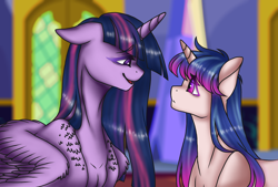 Size: 1596x1080 | Tagged: safe, artist:jvartes6112, twilight sparkle, oc, oc:twinkle star, alicorn, pony, unicorn, g4, bust, duo, duo female, female, horn, indoors, mare, mother and child, mother and daughter, offspring, parent:flash sentry, parent:twilight sparkle, parents:flashlight, smiling, twilight sparkle (alicorn), unicorn oc, wings