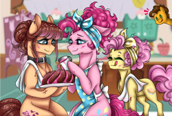 Size: 1596x1080 | Tagged: safe, artist:jvartes6112, cheese sandwich, li'l cheese, pinkie pie, oc, oc:candy key, earth pony, pony, g4, apron, cake, clothes, collar, colt, eyes closed, family, female, filly, food, indoors, kitchen, licking, licking lips, male, mare, naked apron, offspring, parent:cheese sandwich, parent:pinkie pie, parents:cheesepie, smiling, stallion, tongue out, tray