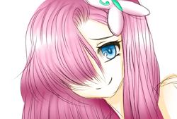 Size: 798x540 | Tagged: safe, artist:jvartes6112, fluttershy, human, g4, bust, female, hair over one eye, hairclip, humanized, simple background, smiling, solo, white background