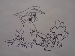 Size: 1032x774 | Tagged: safe, alternate version, artist:spikeabuser, gilda, spike, dragon, griffon, g4, griffon the brush off, abuse, black and white, drawing, elbowing, female, go to sleep garble, grayscale, male, monochrome, op is a duck, op is on drugs, scene interpretation, shitposting