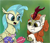 Size: 2100x1817 | Tagged: safe, artist:chopsticks, autumn blaze, princess skystar, shelldon, shelly, hippogriff, kirin, g4, my little pony: the movie, atg 2021, autumn blaze's puppet, cheek fluff, chest fluff, cloven hooves, duo, duo female, female, jewelry, mare, necklace, newbie artist training grounds, open mouth, shell, smiling, stick, unshorn fetlocks