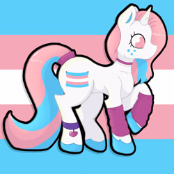 Size: 2828x2828 | Tagged: safe, artist:dusty honey, oc, oc only, oc:star smooch, pony, unicorn, arm warmers, choker, clothes, female, high res, horn, leg warmers, mare, pride, pride flag, pride ponies, simple background, solo, transgender pride flag