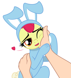 Size: 985x1085 | Tagged: safe, artist:lockerobster, edit, apple bloom, earth pony, pony, g4, adorabloom, animal costume, bunny bloom, bunny costume, clothes, costume, cute, female, filly, floating heart, hand, heart, looking at you, one eye closed, open mouth, open smile, petting, smiling