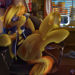 Size: 1000x1000 | Tagged: safe, artist:brainiac, artist:captainhoers, spitfire, oc, oc only, oc:atom smasher, oc:whiskey lullaby, pegasus, pony, ask firestarter spitfire, fallout equestria, g4, book, cellphone, chair, clothes, computer, digital painting, female, ferris bueller's day off, frog (hoof), gift art, hooves, link in description, mare, movie reference, office chair, phone, scene interpretation, solo, sunglasses, time-lapse included, towel, underhoof
