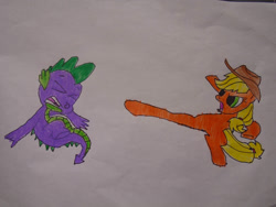 Size: 1032x774 | Tagged: safe, alternate version, applejack, spike, dragon, earth pony, pony, g4, abuse, applejack's hat, cowboy hat, drawing, female, go to sleep garble, hat, kick, male, op is a duck, op is on drugs, op is trying to start shit, scene interpretation, shitposting