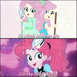 Size: 1080x1080 | Tagged: safe, edit, edited screencap, editor:flutteriaeth, screencap, fluttershy, pinkie pie, coinky-dink world, eqg summertime shorts, equestria girls, equestria girls series, g4, so much more to me, broom, clothes, cute, cutie mark, cutie mark on clothes, diapinkes, female, geode of fauna, jewelry, magical geodes, microphone, microphone stand, necklace, open mouth, self paradox, shyabetes, smiling