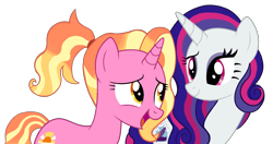 Size: 4022x2126 | Tagged: safe, artist:candyandflurry, luster dawn, oc, oc:moonberry, pony, unicorn, g4, the last problem, high res, open mouth, parent:rarity, simple background, transparent background