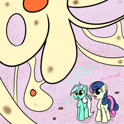 Size: 1999x1999 | Tagged: safe, artist:dafiltafish, bon bon, lyra heartstrings, sweetie drops, earth pony, pony, unicorn, comic:day by day, g4, atg 2021, cheese, dialogue, female, food, mare, newbie artist training grounds, pizza