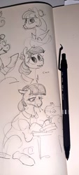 Size: 463x1024 | Tagged: safe, artist:alumx, coco pommel, earth pony, pony, g4, female, mare, mechanical pencil, mouth hold, needle, pencil drawing, photo, sewing machine, sketch, solo, traditional art