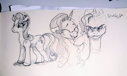 Size: 1024x616 | Tagged: safe, artist:alumx, starlight glimmer, pony, unicorn, g4, eyes closed, female, laughing, mare, monochrome, pencil drawing, sketch, solo, traditional art