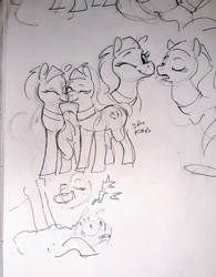 Size: 797x1024 | Tagged: safe, artist:alumx, aloe, lotus blossom, earth pony, pony, g4, duo focus, eyes closed, female, mare, massage, monochrome, mouth hold, one eye closed, pain star, pencil drawing, photo, sketch, spa twins, traditional art, wink
