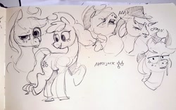Size: 1024x639 | Tagged: safe, artist:alumx, applejack, earth pony, pony, g4, female, mare, monochrome, pencil drawing, photo, question mark, raised eyebrow, sketch, sneezing, snot, solo, traditional art