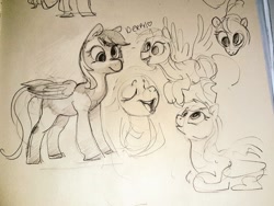 Size: 1024x770 | Tagged: safe, artist:alumx, derpy hooves, pegasus, pony, g4, female, lying down, mare, monochrome, pencil drawing, photo, ponyloaf, prone, sketch, solo, traditional art