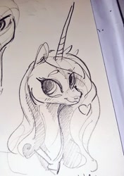 Size: 721x1024 | Tagged: safe, artist:alumx, princess cadance, alicorn, pony, g4, bust, female, heart, mare, monochrome, offscreen character, pencil drawing, photo, sketch, solo, traditional art