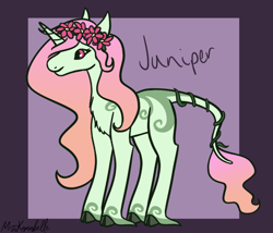 Size: 1750x1500 | Tagged: safe, artist:misskanabelle, oc, oc only, oc:juniper, pony, unicorn, abstract background, chest fluff, female, floral head wreath, flower, hoof fluff, horn, mare, offspring, parent:oc:everfree dryad, parent:tree hugger, parents:canon x oc, signature, solo, unicorn oc