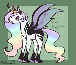 Size: 1750x1500 | Tagged: safe, artist:misskanabelle, oc, oc only, oc:nova nightshade, alicorn, changepony, hybrid, pony, abstract background, alicorn oc, female, horn, jewelry, magical lesbian spawn, mare, multicolored hair, offspring, parent:princess celestia, parent:queen chrysalis, parents:chryslestia, rainbow hair, signature, solo, tiara, wings