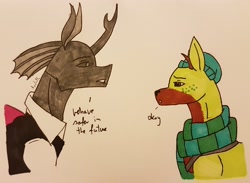 Size: 2778x2034 | Tagged: safe, artist:agdapl, changeling, deer, reindeer, changelingified, clothes, crossover, dialogue, duo, high res, scarf, scout (tf2), signature, species swap, spy, spy (tf2), team fortress 2, traditional art