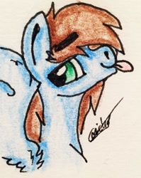 Size: 1489x1868 | Tagged: safe, artist:beamybutt, oc, oc only, pegasus, pony, :p, bust, pegasus oc, signature, solo, tongue out, traditional art, wings