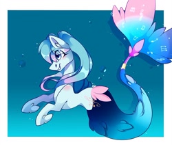 Size: 1080x915 | Tagged: safe, artist:tessa_key_, kotobukiya, merpony, pony, seapony (g4), anime, blue background, blue eyes, bubble, dorsal fin, ear fluff, eye clipping through hair, female, fin, fins, fish tail, flowing mane, flowing tail, grin, hatsune miku, kotobukiya hatsune miku pony, leek, mare, music notes, ocean, ponified, scales, seaponified, signature, simple background, smiling, solo, species swap, swimming, tail, underwater, vocaloid, water