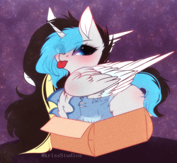 Size: 3614x3327 | Tagged: safe, artist:krissstudios, oc, oc only, oc:kala, alicorn, pony, box, female, high res, mare, pony in a box, solo, tongue out