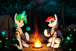 Size: 1461x992 | Tagged: safe, artist:mrscroup, oc, oc:anja snow, oc:sparky starfall, bat pony, pony, unicorn, bonfire, fire, food, night, tea