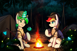 Size: 1499x992 | Tagged: safe, artist:mrscroup, oc, oc:anja snow, oc:sparky starfall, bat pony, pony, unicorn, equestria at war mod, bonfire, fire, food, night, tea