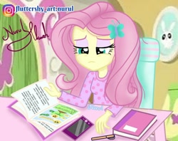 Size: 1080x854 | Tagged: safe, artist:fluttershy_art.nurul, angel bunny, fluttershy, equestria girls, g4, book, cellphone, clothes, female, fluttershy's bedroom, hairpin, indonesia, male, no nose, pajamas, phone, smartphone, solo, studying, tired