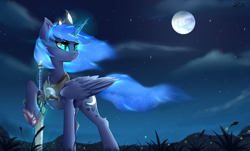 Size: 3560x2150 | Tagged: safe, artist:singovih, princess luna, alicorn, firefly (insect), insect, pony, g4, cloud, crown, ethereal mane, fantasy class, female, field, full moon, galaxy mane, glowing, glowworm, grass, high res, hoof shoes, horn, jewelry, magic, mare, moon, night, night sky, nightmare luna, regalia, sky, slit pupils, solo, starry mane, starry night, stars, sword, warrior, warrior luna, weapon, windswept mane, wings