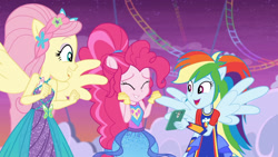 Size: 3410x1920 | Tagged: safe, screencap, fluttershy, pinkie pie, rainbow dash, equestria girls, equestria girls specials, g4, my little pony equestria girls: better together, my little pony equestria girls: rollercoaster of friendship, cellphone, cute, dashabetes, diapinkes, equestria land, eyes closed, female, open mouth, phone, ponied up, roller coaster, shyabetes, smartphone, smiling, spread wings, trio, trio female, wings