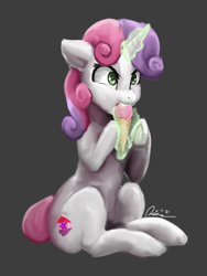 Size: 1500x2000 | Tagged: safe, artist:raphaeldavid, sweetie belle, pony, unicorn, g4, atg 2021, cute, diasweetes, female, filly, food, frog (hoof), ice cream, magic, newbie artist training grounds, open mouth, solo, this will end in brain freeze, this will end in pain, underhoof