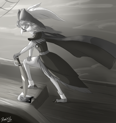 Size: 2480x2631 | Tagged: safe, artist:reminic, captain celaeno, oc, bird, ornithian, anthro, g4, my little pony: the movie, admiral, airship, anthro oc, art trade, cape, clothes, grayscale, hat, high res, monochrome, movie reference, pirate hat, sketch, solo, sword, uniform, weapon