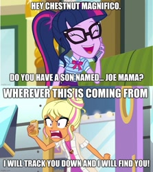 Size: 891x998 | Tagged: safe, edit, edited screencap, screencap, chestnut magnifico, sci-twi, twilight sparkle, equestria girls, equestria girls specials, g4, my little pony equestria girls: better together, my little pony equestria girls: movie magic, text support, text support: sunset shimmer, caption, cellphone, comic, eyes closed, geode of telekinesis, glasses, image macro, joe mama, magical geodes, male, meme, phone, prank call, regular show, rigby (regular show), screencap comic, smartphone, solo, text