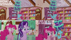 Size: 1280x720 | Tagged: safe, edit, edited screencap, editor:quoterific, screencap, cup cake, pinkie pie, starlight glimmer, earth pony, pony, unicorn, g4, no second prances, season 6, cake, cup cake is not amused, female, food, frown, gritted teeth, magic, mare, open mouth, open smile, smiling, sugarcube corner, talking, telekinesis, trio, trio female, unamused, wide eyes