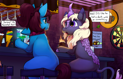 Size: 5000x3214 | Tagged: safe, alternate version, artist:tsitra360, oc, oc only, oc:altus bastion, oc:pan sizzle, oc:zakira, earth pony, kirin, pony, unicorn, absurd resolution, bar, clothes, commission, dialogue, duo focus, earth pony oc, fangs, female, horn, kirin oc, looking at each other, male, mare, open mouth, scarf, sitting, size bar, size difference, speech bubble, stallion, trio, unicorn oc