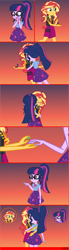 Size: 1172x4245 | Tagged: safe, artist:jcpreactyt, sci-twi, sunset shimmer, twilight sparkle, human, equestria girls, g4, breasts, clothes, comic, crying, cutie mark on clothes, female, geode of empathy, geode of telekinesis, glasses, hair, hair bun, happy, high res, hug, jacket, jewelry, lesbian, magical geodes, marriage proposal, nexgen, ponytail, proud, ring, sci-twi skirt, ship:sci-twishimmer, ship:sunsetsparkle, shipping, skirt, tears of joy